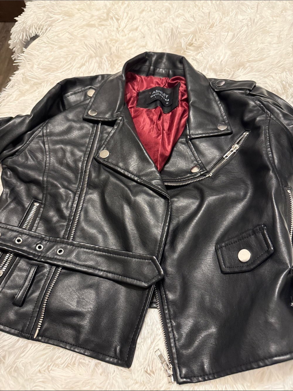 Ashley By 26 International Black Vegan Leather Moto Jacket with Red Lining